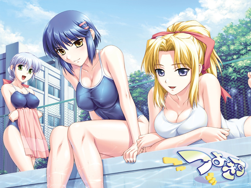 blonde_hair blue_eyes blue_hair braid breasts caustics chain-link_fence cleavage crossed_arms day fence green_eyes kiriya_erika kurogane_otome large_breasts lying multiple_girls on_stomach one-piece_swimsuit outdoors pool poolside satou_yoshimi shiny shiny_clothes shironeko_sanbou short_hair sitting smile swimsuit towel tsuyokiss wallpaper yellow_eyes