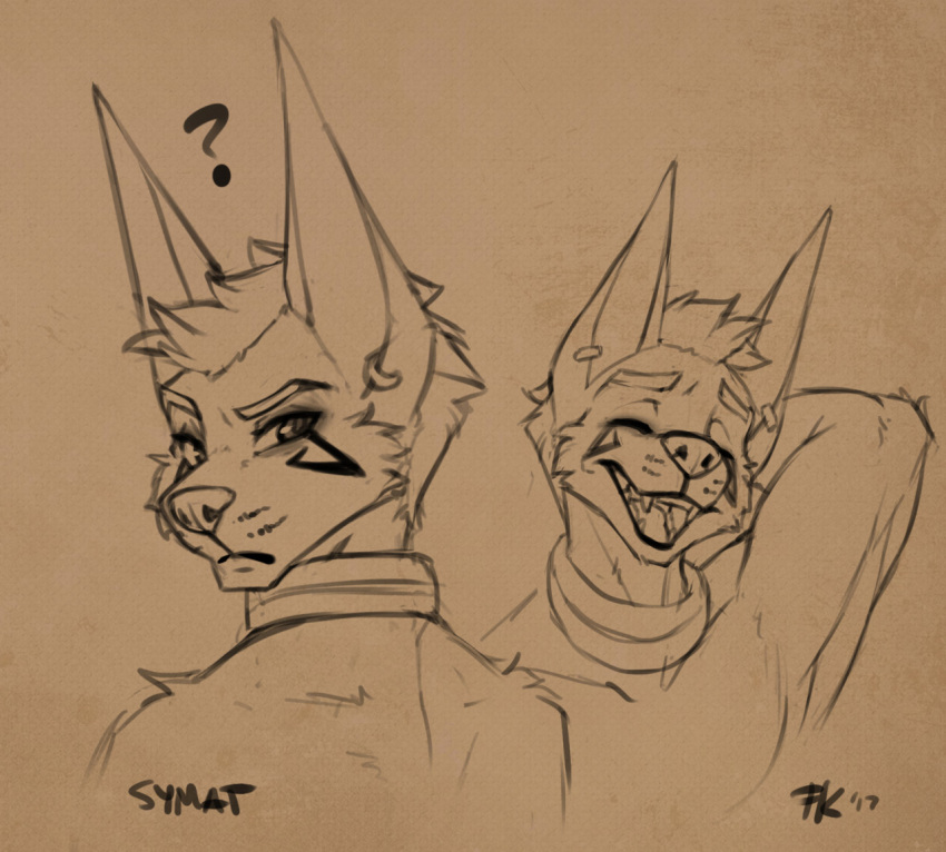 2017 ? anthro black-backed_jackal bust_portrait canid canine canis clothed clothing conditional_dnp ear_piercing ear_ring eyes_closed fluff-kevlar hair jackal laugh looking_back male mammal monochrome muscular muscular_male open_mouth partially_clothed piercing portrait simple_background sketch smile solo symat tattoo