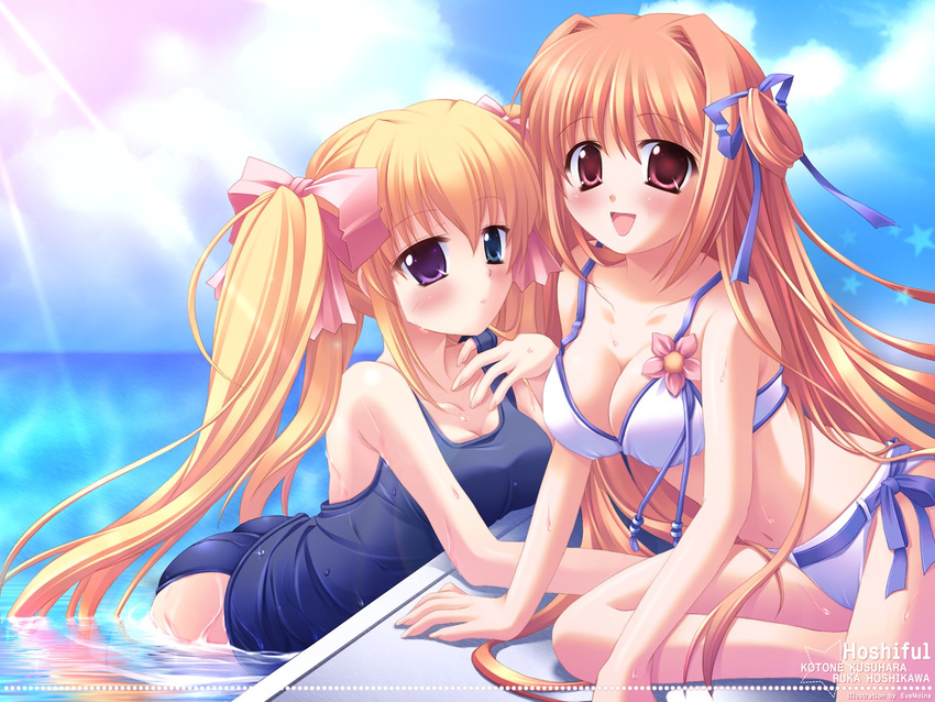 bikini blonde_hair blue_eyes blush breasts cleavage day evemoina flower hair_ribbon heterochromia highres hoshiful hoshikawa_ruka kusuhara_kotone medium_breasts multiple_girls one-piece_swimsuit orange_hair outdoors pool poolside purple_eyes red_eyes ribbon school_swimsuit smile swimsuit twintails wading water wet