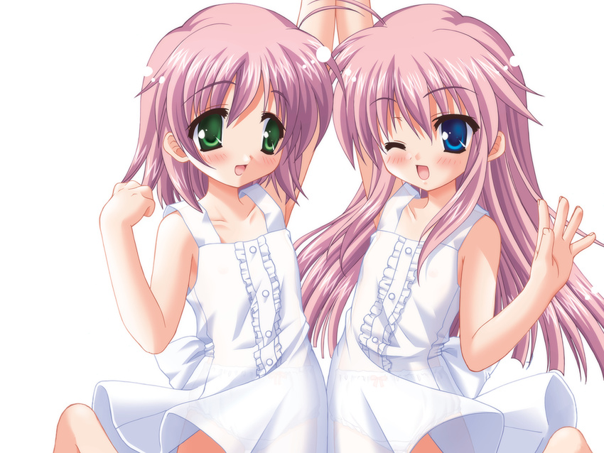 asakura_maina asakura_yuuna blue_eyes blush dress green_eyes hajimete_no_oisha-san long_hair multiple_girls muririn nanami_to_konomi_no_oshiete_abc pink_hair short_hair siblings twins wallpaper