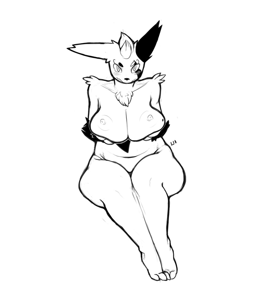 anthro anthrofied big_breasts breasts female hi_res monochrome nintendo nude pok&eacute;mon pok&eacute;morph slightly_chubby solo thick_thighs upright-infinity video_games zangoose
