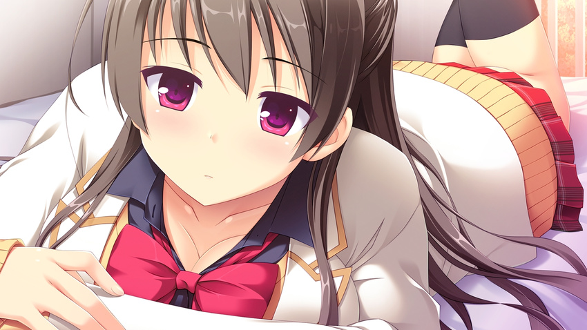 breasts brown_hair cleavage female game_cg hook ichijou_aoi long_hair melty_moment purple_eyes skirt takayaki