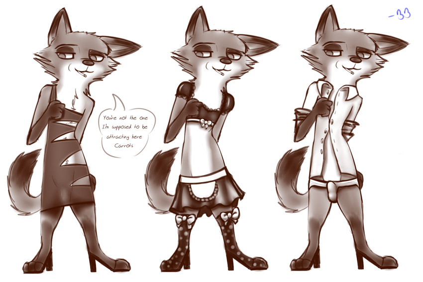 2016 anthro balls bare_shoulders bb canine clothed clothing crossdressing dialogue disney dress elbow_gloves english_text fox fur girly gloves hair hi_res high_heels legwear maid_uniform male mammal multiple_poses nick_wilde open_shirt penis pose simple_background skimpy smile solo stockings text underwear uniform white_background zootopia