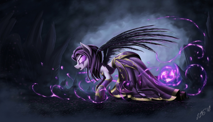 2016 alternate_species black_feathers clothing dress elbow_gloves equine fangs feathered_wings feathers female feral gloves glowing hi_res league_of_legends magic mammal morgana_(lol) my_little_pony pegasus ponification purpleeyes solo video_games wings zigword