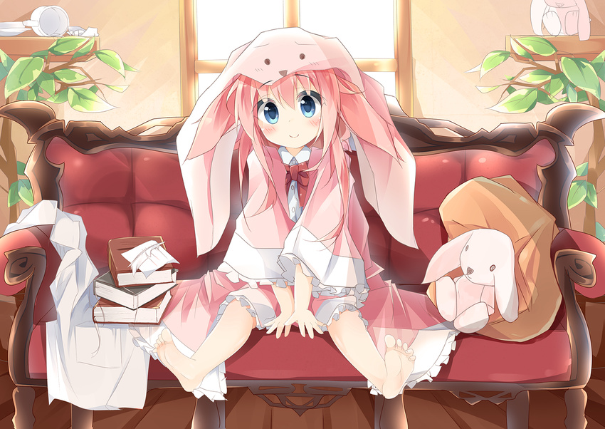 animal_ears animal_hood bangs barefoot between_legs book bow bowtie bunny_ears bunny_hood closed_mouth collared_dress commentary_request couch cup day dress eyebrows_visible_through_hair frilled_dress frilled_sleeves frills hair_between_eyes hand_between_legs head_tilt hood indoors kushida_you long_hair long_sleeves looking_at_viewer on_couch original pillow pink_dress pink_hair plant potted_plant quill red_neckwear saucer sitting smile soles solo spread_legs stuffed_animal stuffed_bunny stuffed_toy wide_sleeves window wooden_floor