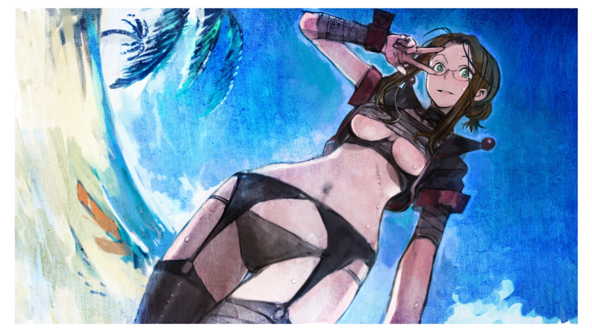 breasts brown_hair garter_belt glasses green_eyes highres kiraboshi_(star_driver) medium_breasts navel okamoto_midori solo star_driver thighhighs toi8 underboob v_over_eye