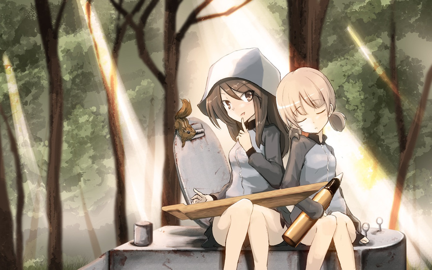 aki_(girls_und_panzer) ammunition blonde_hair brown_eyes brown_hair bt-42 commentary finger_to_mouth forest girls_und_panzer ground_vehicle hat hatch instrument jinguu_(4839ms) kantele keizoku_military_uniform knees_together_feet_apart light_rays looking_at_viewer mika_(girls_und_panzer) military military_uniform military_vehicle motor_vehicle multiple_girls nature short_twintails shushing sitting sleeping sleeping_on_person sleeping_upright squirrel tank track_suit tree twintails uniform