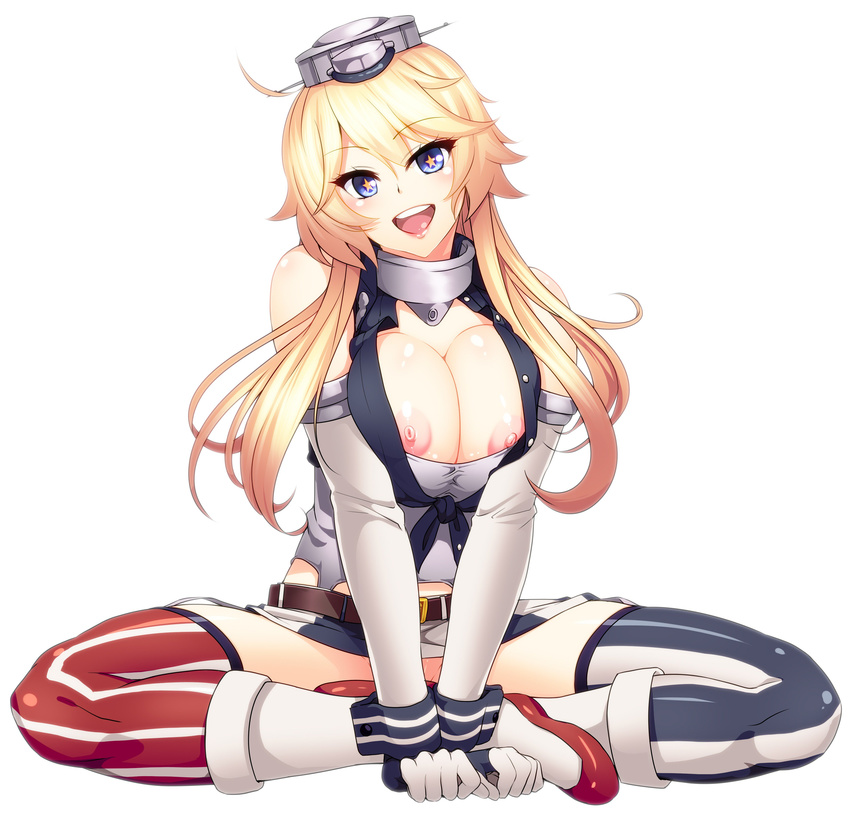 846-gou :d absurdres bare_shoulders belt belt_buckle black_shirt blonde_hair blue_eyes blush boots breast_squeeze breasts buckle buttons collar crop_top elbow_gloves front-tie_top gloves grey_hat groin head_tilt highres iowa_(kantai_collection) kantai_collection large_breasts lips long_hair looking_at_viewer miniskirt mismatched_legwear nipple_slip nipples no_panties open_mouth round_teeth shiny shiny_skin shirt simple_background skirt sleeveless sleeveless_shirt smile solo spread_legs star star-shaped_pupils striped striped_legwear striped_skirt symbol-shaped_pupils teeth thighhighs unbuttoned unbuttoned_shirt vertical-striped_legwear vertical-striped_skirt vertical_stripes white_background white_footwear white_gloves wrist_cuffs