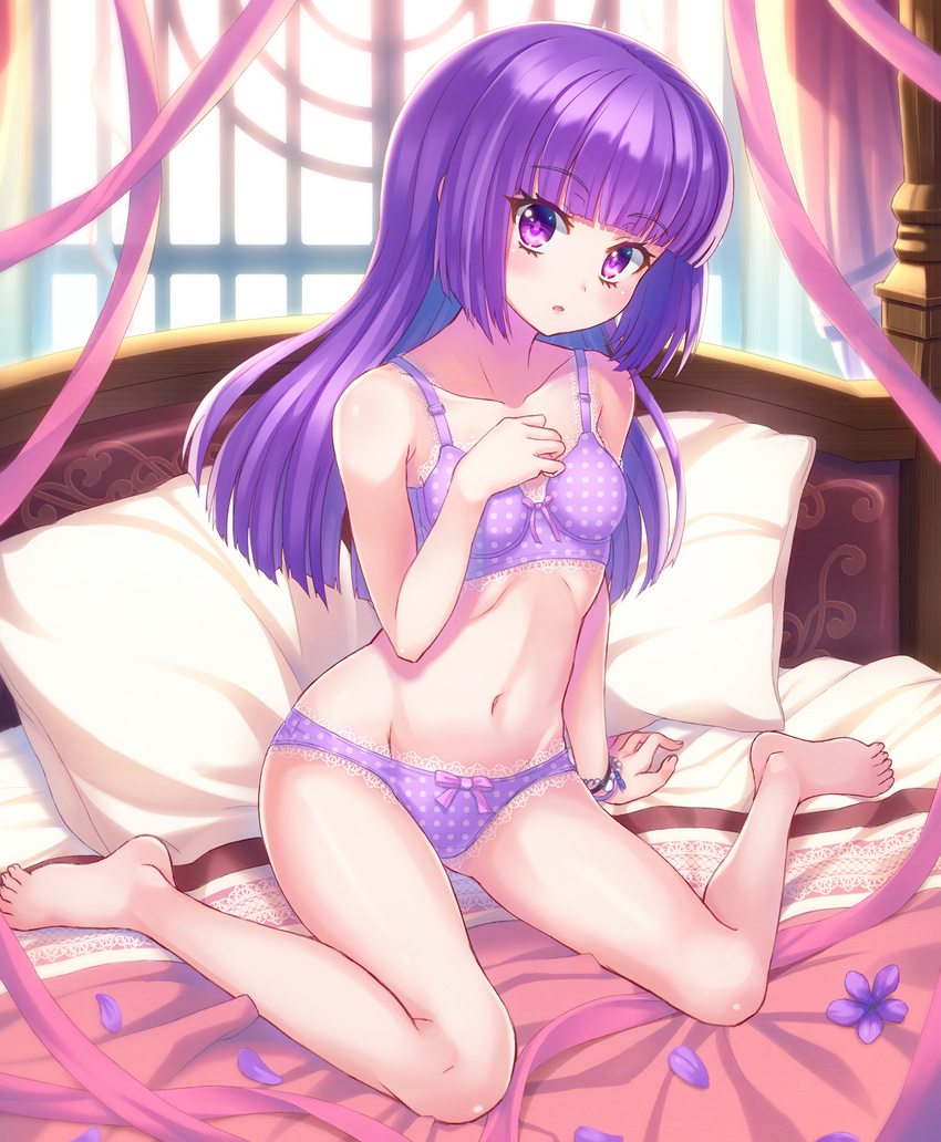 aikatsu! aikatsu!_(series) arm_at_side arm_support bad_id bad_pixiv_id bangs barefoot bed bikini blanket blunt_bangs blush bow bow_bra bow_panties bra bracelet breasts collarbone curtains eyebrows eyebrows_visible_through_hair eyelashes flower groin head_tilt highres hikami_sumire indoors jewelry kaina_(tsubasakuronikuru) lace lace-trimmed_bra lace-trimmed_panties long_hair looking_at_viewer on_bed panties parted_lips petals pillow pink_bow pink_ribbon polka_dot polka_dot_bra polka_dot_panties purple_bikini purple_bra purple_eyes purple_flower purple_hair ribbon ribs sitting small_breasts solo stomach swimsuit underwear wariza window