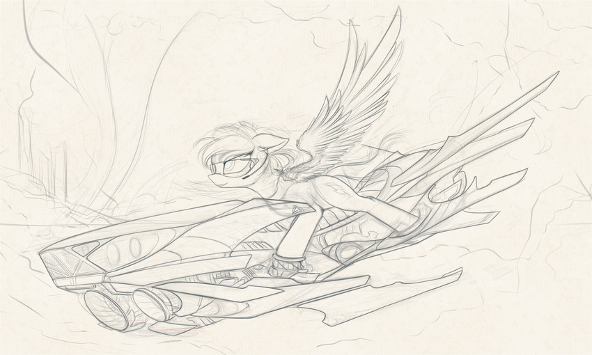 aerocycle black_and_white cutie_mark equine fan_character feathered_wings feathers friendship_is_magic fur hair hi_res mammal monochrome my_little_pony outside sketch solo wings yakovlev-vad