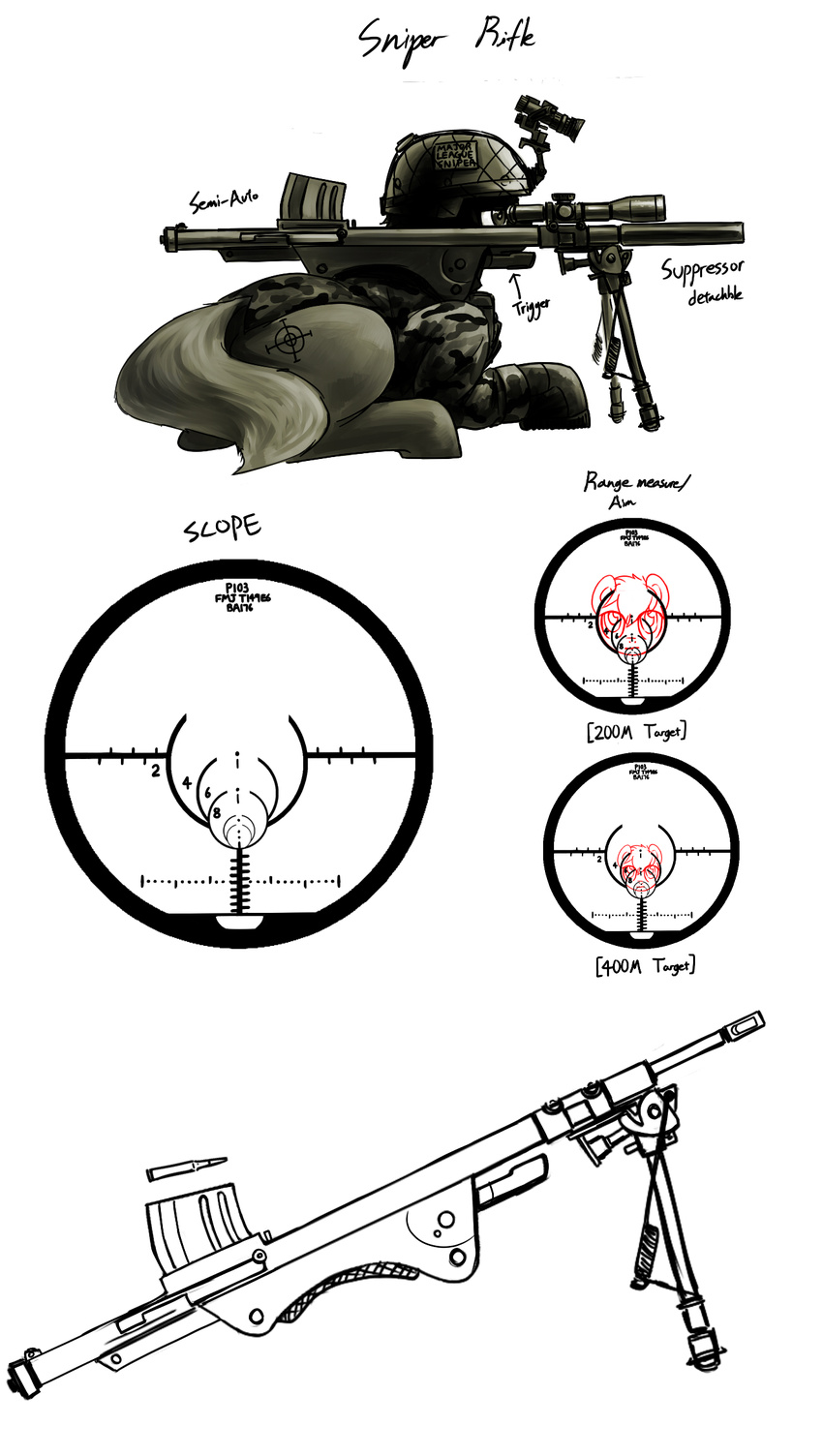2016 armor cutie_mark design english_text equine gun helmet horse kta1540 male mammal monochrome my_little_pony night_vision_goggles pony ranged_weapon rifle scope sniper_rifle soldier solo text weapon