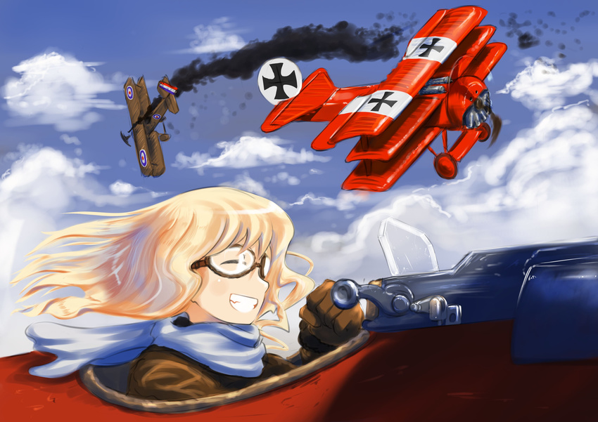:d absurdres aerial_battle aircraft airplane battle biplane blonde_hair british closed_eyes cloud commentary_request cross day erica_(naze1940) fist_pump flying fokker_dr.i gloves goggles ground_vehicle highres imperial_german_flying_corps insignia iron_cross long_hair military military_vehicle motor_vehicle open_mouth original outdoors pilot pilot_suit propeller red_baron_(airplane) roundel royal_air_force royal_aircraft_factory_s.e.5 scarf sky smile smoke solo teeth triplane wings world_war_i