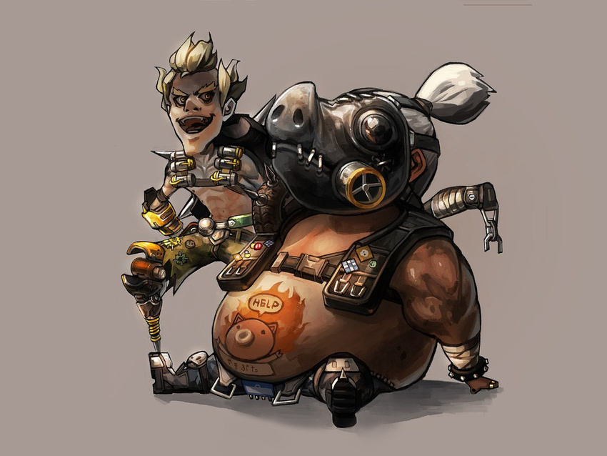 bad_id bad_twitter_id boots eyebrows fat fat_man gas_mask junkrat_(overwatch) male_focus mechanical_arm multiple_boys navel open_mouth overwatch peg_leg ponytail roadhog_(overwatch) shirtless sitting spikes tattoo thick_eyebrows tire