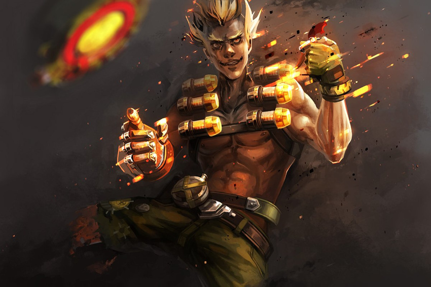bad_id bad_twitter_id belt blonde_hair bomb canteen explosive eyebrows fingerless_gloves fire glitter gloves junkrat_(overwatch) male_focus mechanical_arm muscle open_mouth overwatch pants peg_leg shirtless smile solo thick_eyebrows tire weapon