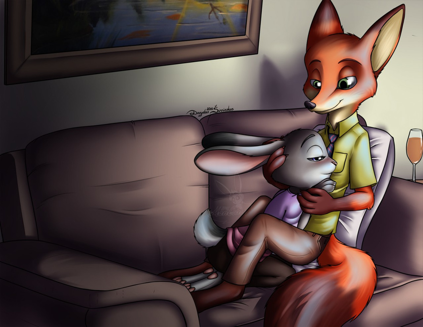 2016 anthro barefoot beverage black_nose blue_eyes blush brown_fur clothed clothing disney duo english_text female food fur glass green_eyes grey_fur half-closed-eyes inside judy_hopps kneeling male male/female mancoin necktie nick_wilde pants pillow pink_nose pink_pawpads portrait romantic_couple shirt signature sitting smile sofa text zootopia