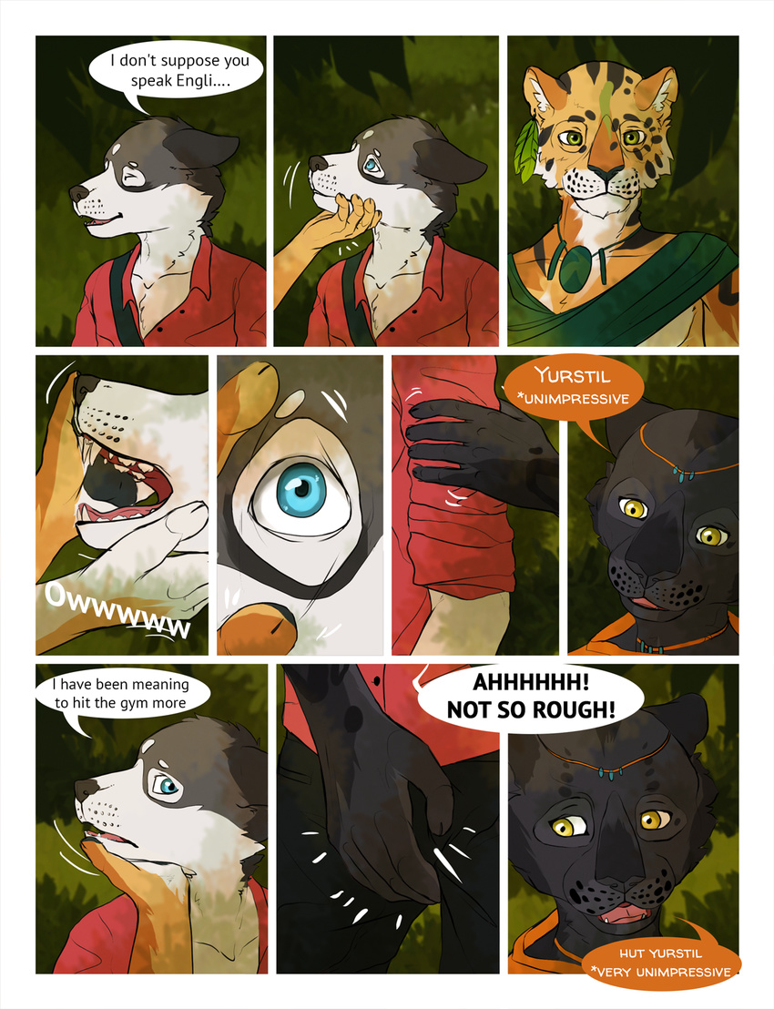 2016 anthro black_fur blue_eyes canine clothed clothing comic detailed_background dialogue dog edesk english_text eyes_closed fangs feline fur green_eyes hand_holding hi_res husky jaguar jewelry jungle male mammal melee_weapon multicolored_fur necklace panther plantigrade polearm rock scared sisco_(artist) spear speech_bubble spots surprise teeth text tribal two_tone_fur weapon white_fur yellow_eyes yellow_fur