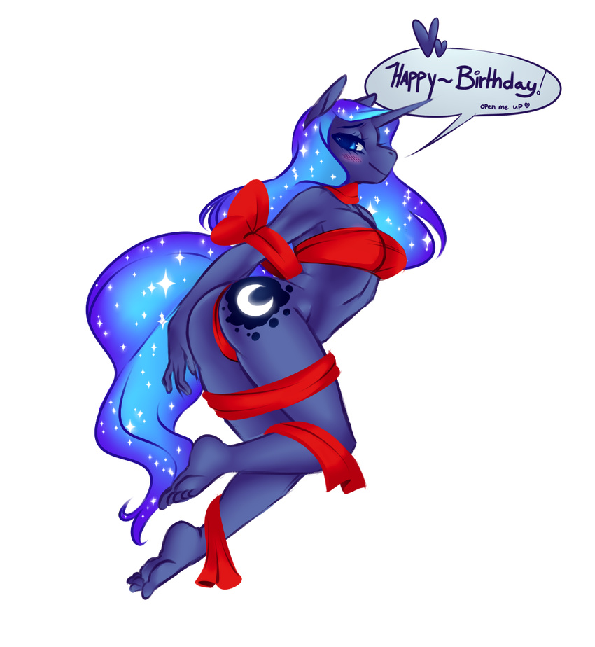 ! &lt;3 alpha_channel anthro anthrofied barefoot bedroom_eyes blue_eyes blue_hair blush breasts butt cutie_mark english_text equine female friendship_is_magic gift_wrapped hair half-closed_eyes horn kronilix long_hair looking_at_viewer mammal my_little_pony princess_luna_(mlp) seductive simple_background solo text toes transparent_background unicorn