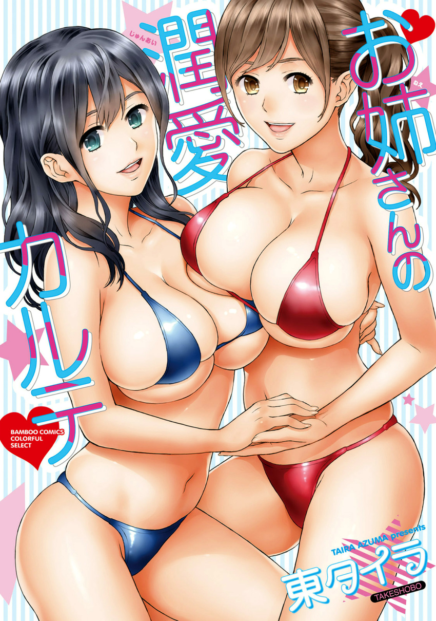 aqua_eyes asymmetrical_docking azuma_taira bikini black_hair breast_press breasts brown_eyes brown_hair comic_hotmilk cover cover_page highres holding_hands huge_breasts long_hair looking_at_viewer multiple_girls open_mouth smile swimsuit translation_request yuri