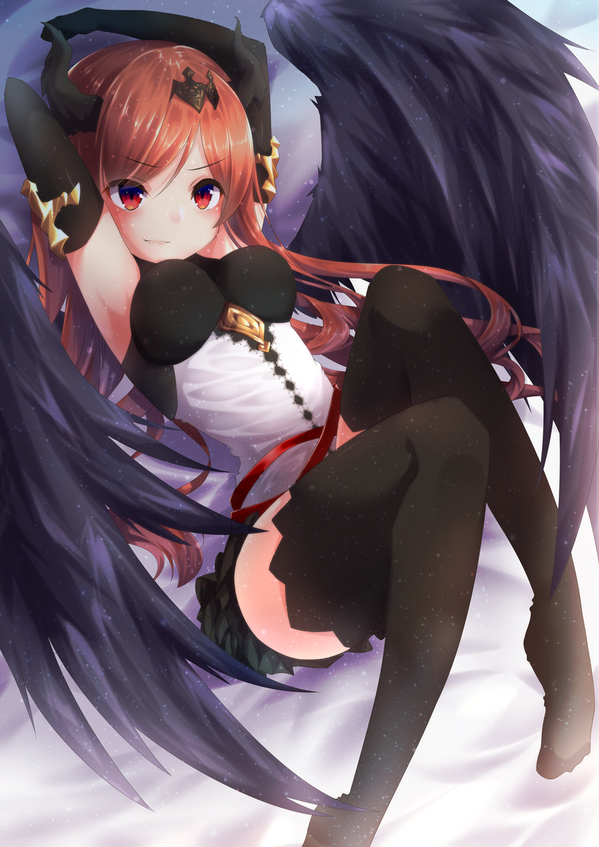 absurdres amane_tari arms_up bangs bed_sheet black_gloves black_legwear breasts dark_angel_olivia detached_sleeves elbow_gloves eyebrows eyebrows_visible_through_hair fang_out feathered_wings gloves granblue_fantasy hair_ribbon highres horns lips looking_at_viewer medium_breasts miniskirt no_shoes red_eyes red_hair ribbon shingeki_no_bahamut skirt slit_pupils solo swept_bangs thighhighs wings zettai_ryouiki