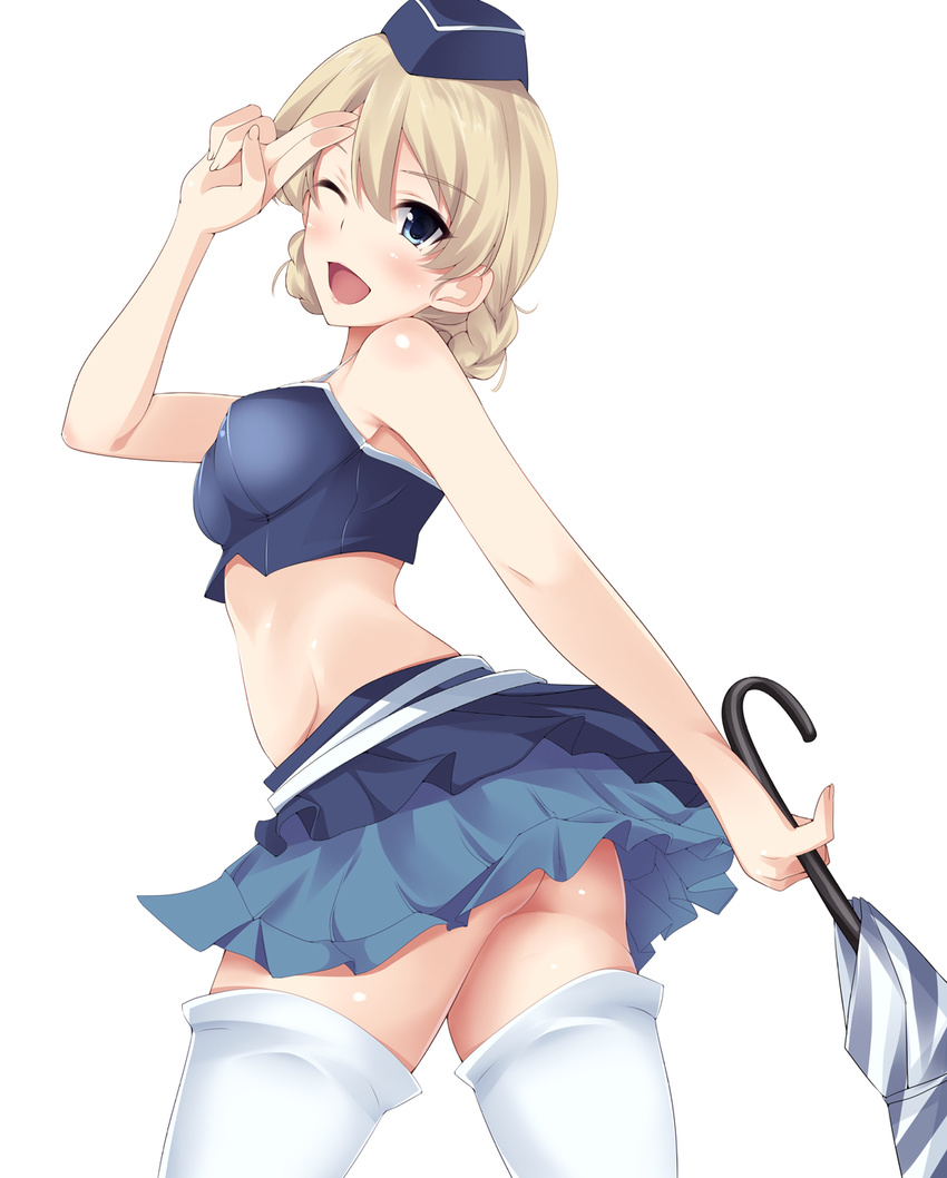 ass bad_id bad_pixiv_id blonde_hair blue_eyes blue_skirt blush braid closed_umbrella darjeeling girls_und_panzer hat highres holding looking_at_viewer miniskirt nksk one_eye_closed pleated_skirt race_queen salute short_hair simple_background skirt smile solo thighhighs umbrella white_background