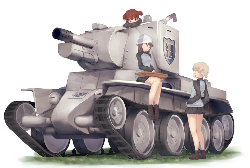 aki_(girls_und_panzer) bangs brown_hair bt-42 emblem girls_und_panzer ground_vehicle hat highres instrument kantele keizoku_(emblem) keizoku_military_uniform long_hair metindone mika_(girls_und_panzer) mikko_(girls_und_panzer) military military_uniform military_vehicle motor_vehicle multiple_girls on_vehicle short_hair sitting sitting_on_object smile tank uniform