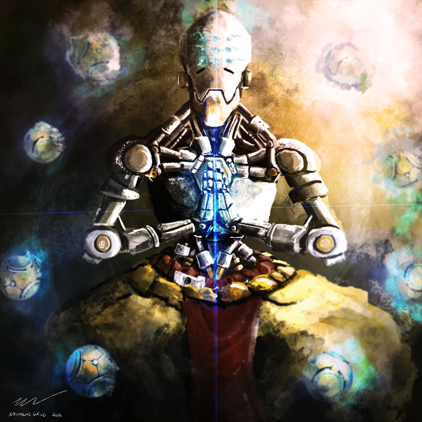 artist_name dated floating hands_together highres humanoid_robot indian_style monk nicholas_wong no_humans omnic overwatch robot signature sitting solo sphere zenyatta_(overwatch)
