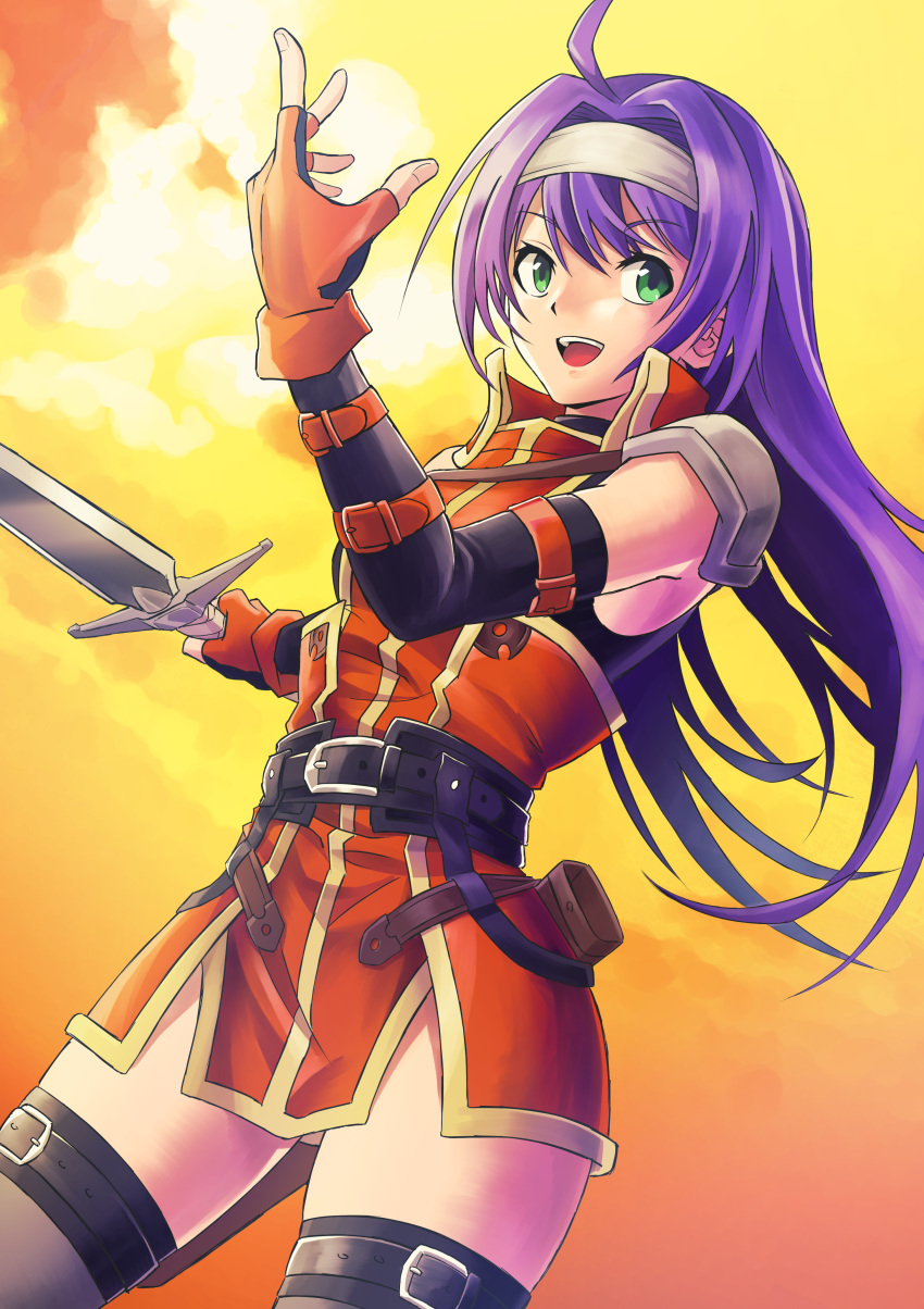 1girl absurdres ahoge belt black_legwear blue_hair detached_sleeves dress eyebrows_visible_through_hair fingerless_gloves fire_emblem fire_emblem:_akatsuki_no_megami fire_emblem:_souen_no_kiseki fire_emblem_heroes funami_dingo gloves green_eyes hairband headband highres nintendo orange_background shoulder_armor smile solo sunset sword thighhighs wayu_(fire_emblem) weapon white_hairband white_headband zettai_ryouiki