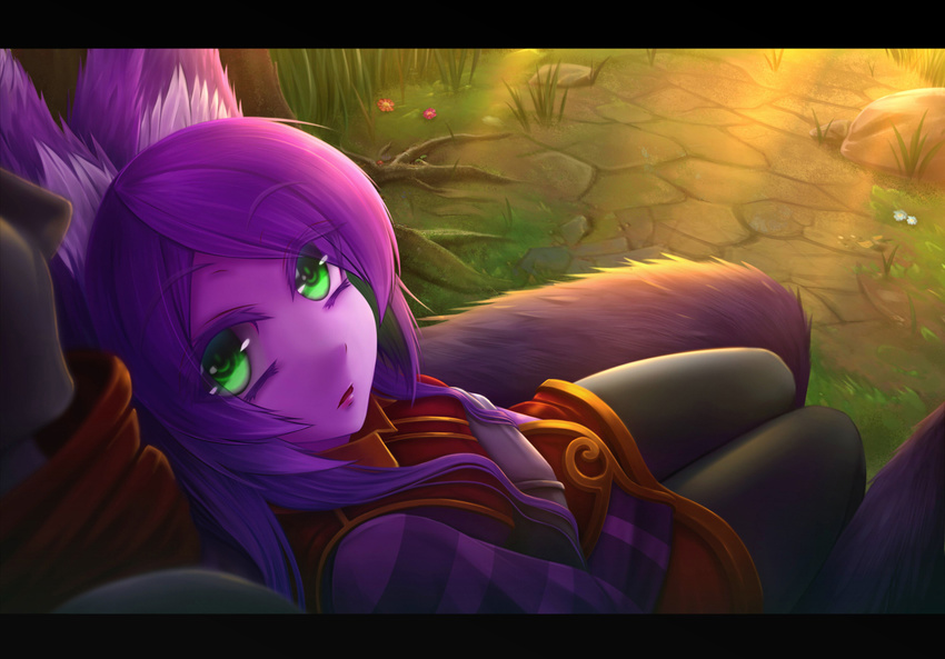 1girl animal_ears green_eyes league_of_legends long_hair lulu_(league_of_legends) oldlim purple_hair purple_skin sitting sitting_on_lap sitting_on_person varus yordle