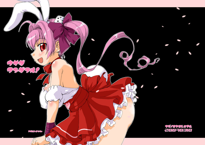 :d ahoge animal_ears backless_dress backless_outfit bangs bow bunny_ears bunny_tail di_gi_charat dice_hair_ornament dress earrings from_side hair_bow hair_intakes hair_ornament jewelry leaning_forward long_hair open_mouth petals pink_hair red_eyes sash short_dress smile solo tail twintails usada_hikaru velfro very_long_hair wrist_wrap