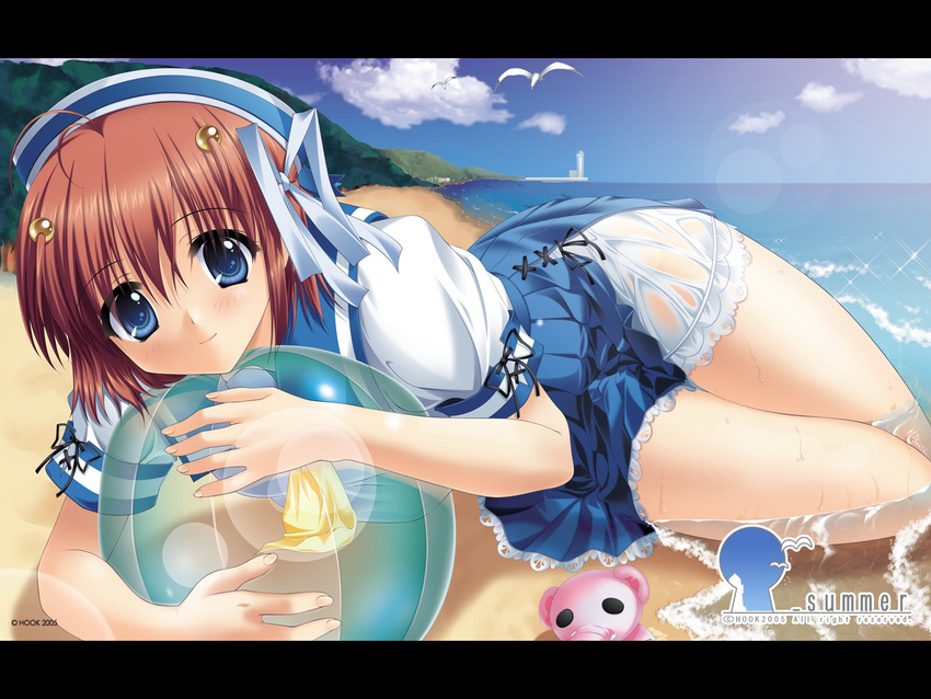 ahoge ball beach beachball blue_eyes brown_hair day hair_bobbles hair_ornament hair_ribbon hat highres holding_beachball kaizu_sana lying matsushita_makako outdoors rakko_(makarakko) ribbon school_uniform see-through short_hair skirt smile solo underbar_summer wallpaper water wet wet_clothes