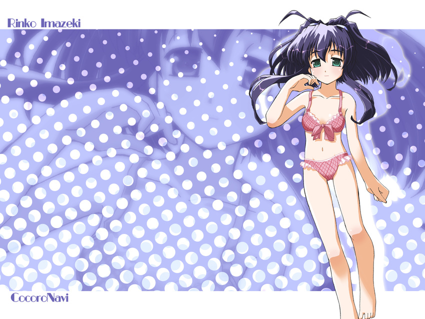 antenna_hair barefoot bikini frilled_bikini frills hair_flip imazeki_rinko kokoro_navi polka_dot shiokonbu_project solo swimsuit wallpaper zoom_layer