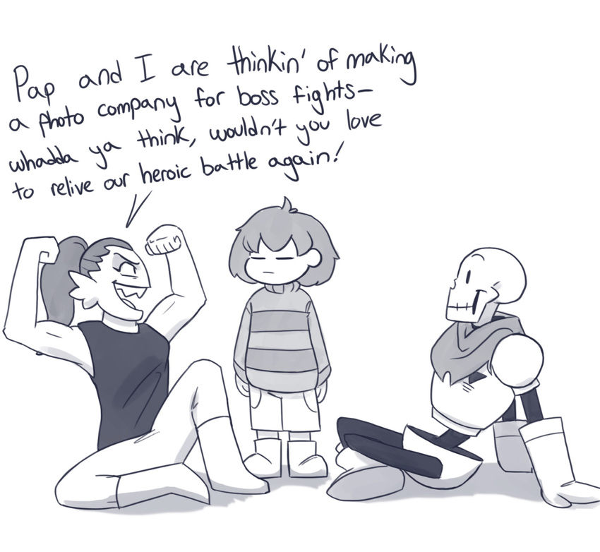 ambiguous_gender anthro bone clothing dialogue english_text female fish flexing human humming-bird male mammal marine papyrus_(undertale) protagonist_(undertale) simple_background sitting skeleton text undertale undyne video_games