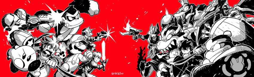 6+boys absurdres aiming arm_cannon artist_name battle bloodshot_eyes bowser boxing_gloves burning_hand claws clenched_hands crown dark_pit donkey_kong donkey_kong_(series) dual_wielding enemies eyepatch facial_hair fangs flaming_weapon fox_mccloud ganondorf gloves glowing glowing_hand glowing_sword glowing_weapon gun hammer handgun highres holding horns kid_icarus kid_icarus_uprising king_dedede king_k._rool kirby kirby_(series) link mario mario_(series) master_sword metroid monochrome multiple_boys mustache necktie nintendo open_mouth overalls pit_(kid_icarus) rariatto_(ganguri) red_background ridley rivals samus_aran scouter star_fox super_mario_bros. super_smash_bros. super_smash_bros._ultimate the_legend_of_zelda tongue tongue_out varia_suit weapon wolf_o'donnell wolf_o'donnell
