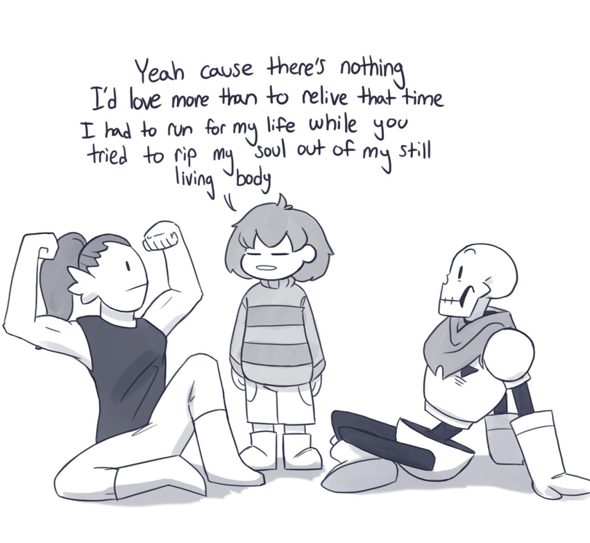 ambiguous_gender anthro bone clothing dialogue english_text female fish flexing human humming-bird male mammal marine papyrus_(undertale) protagonist_(undertale) simple_background sitting skeleton text undertale undyne video_games