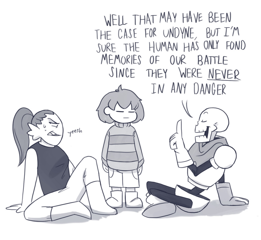 ambiguous_gender anthro bone clothing dialogue english_text female fish human humming-bird male mammal marine papyrus_(undertale) protagonist_(undertale) simple_background sitting skeleton text undertale undyne video_games