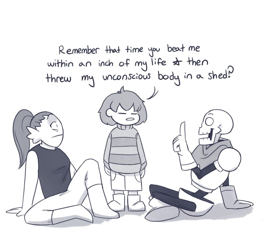 ambiguous_gender anthro bone clothing dialogue english_text female fish human humming-bird male mammal marine papyrus_(undertale) protagonist_(undertale) simple_background sitting skeleton text undertale undyne video_games