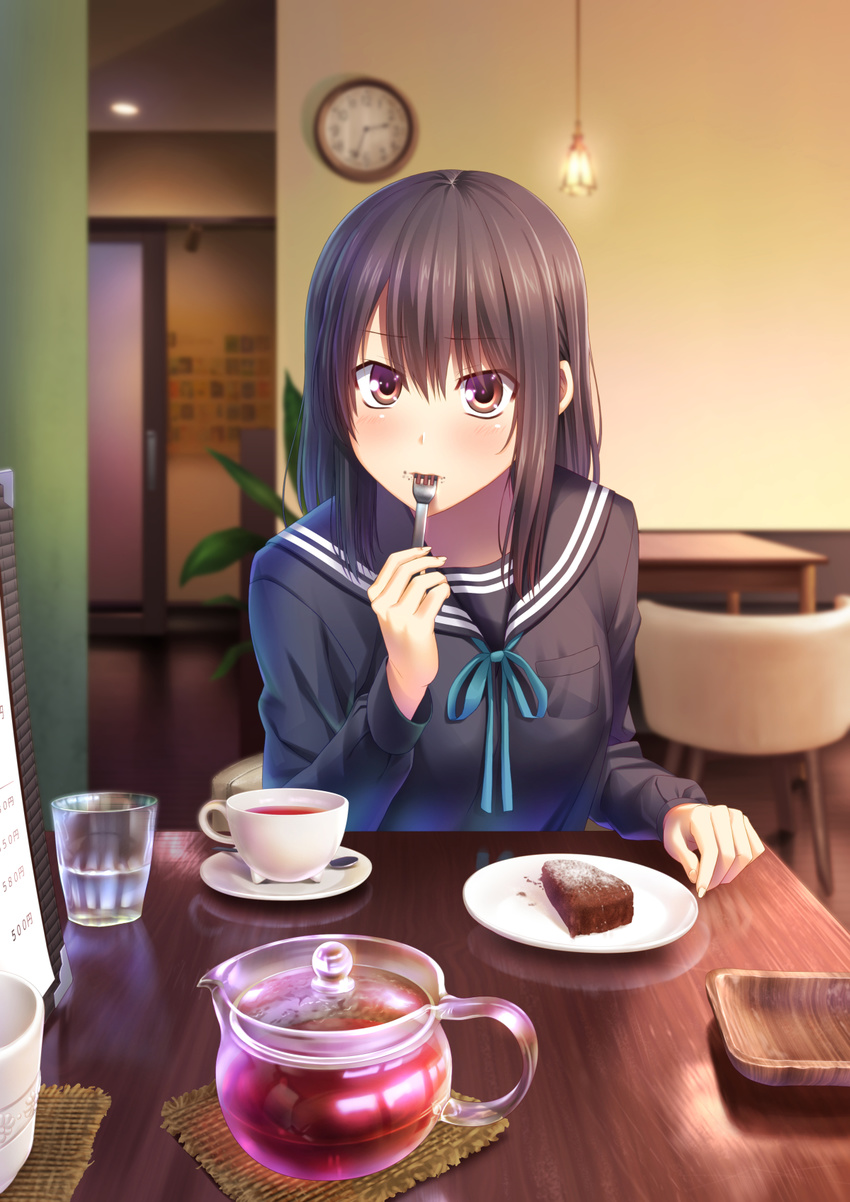 bangs black_hair black_serafuku blurry blush brown_eyes cake chair clock cup depth_of_field eating ese_shinshi fingernails food food_on_face fork fork_in_mouth glass highres holding holding_fork indoors long_hair long_sleeves looking_at_viewer original plate reflection ribbon school_uniform serafuku sitting solo spoon table tea teacup teapot upper_body