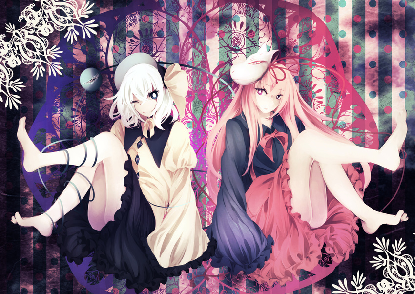 absurdres barefoot black_skirt blue_eyes blue_shirt bow bowtie colorized commentary_request eyeball eyelashes feet fox_mask frilled_skirt frilled_sleeves frills hair_between_eyes hannya hat hat_bow hat_ribbon hata_no_kokoro highres komeiji_koishi long_hair long_sleeves looking_at_viewer looking_to_the_side mask mask_on_head multiple_girls one_eye_closed pink_eyes pink_hair pink_skirt ribbon shirt short_hair silver_hair skirt sleeves_past_wrists smile stitches third_eye touhou white_hair wide_sleeves yellow_shirt yurinotubomi