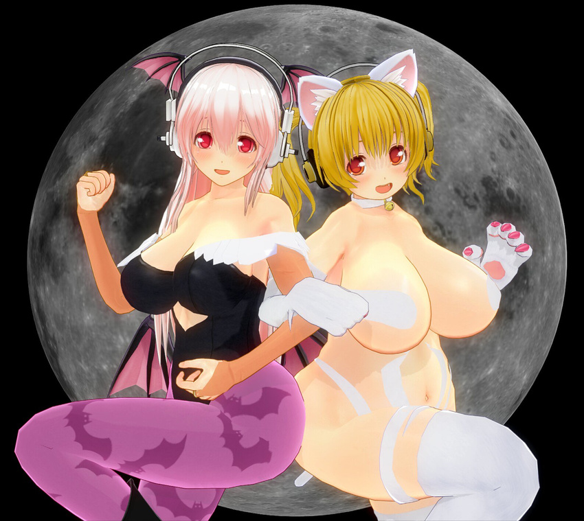 3d animal_ears animal_print bare_shoulders bat_print bat_wings bell bell_choker blonde_hair blush breasts bridal_gauntlets cat_ears cat_paws cat_tail choker claws cleavage cosplay custom_maid_3d_2 demon_girl felicia felicia_(cosplay) fur gloves head_wings headphones highres huge_breasts large_breasts long_hair looking_at_viewer morrigan_aensland morrigan_aensland_(cosplay) multiple_girls navel nitroplus open_mouth orange_eyes pantyhose paws pink_eyes pink_hair plump print_legwear short_hair smile super_pochaco super_sonico tail thighhighs twintails uld_macaron vampire_(game) wings