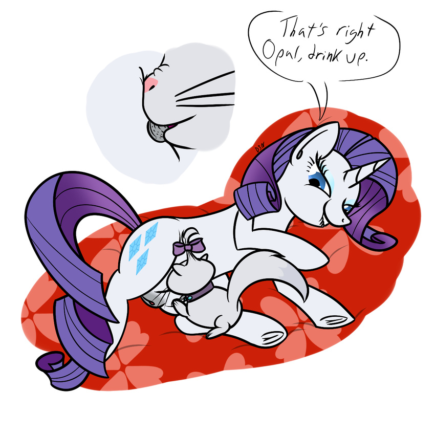2016 blue_eyes cat cutie_mark dsninja duo english_text equine feline female feral friendship_is_magic fur hair horn lying mammal my_little_pony on_side opalescence_(mlp) purple_hair pussy rarity_(mlp) simple_background suckling teats text unicorn white_background white_fur