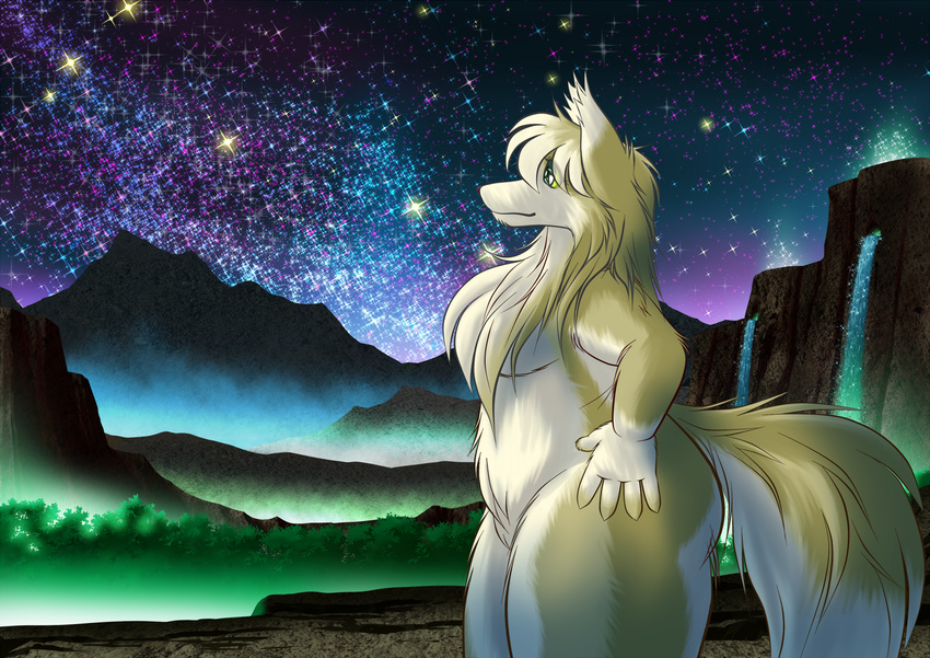 2015 alternate_version_available anthro belly black_nose blonde_hair breasts butt canine chest_tuft cliff curvaceous digital_media_(artwork) eyelashes female fluffy fluffy_tail fog forest fur glowing green_eyes hair hair_over_eye hand_on_hip humanoid_hands long_hair long_tail looking_away mammal mist multicolored_fur naruhiromao night nude outside slightly_chubby smile solo sparkles standing star tasteful_nudity thick_tail thick_thighs tree tuft two_tone_fur waterfall white_fur wide_hips wolf yellow_fur