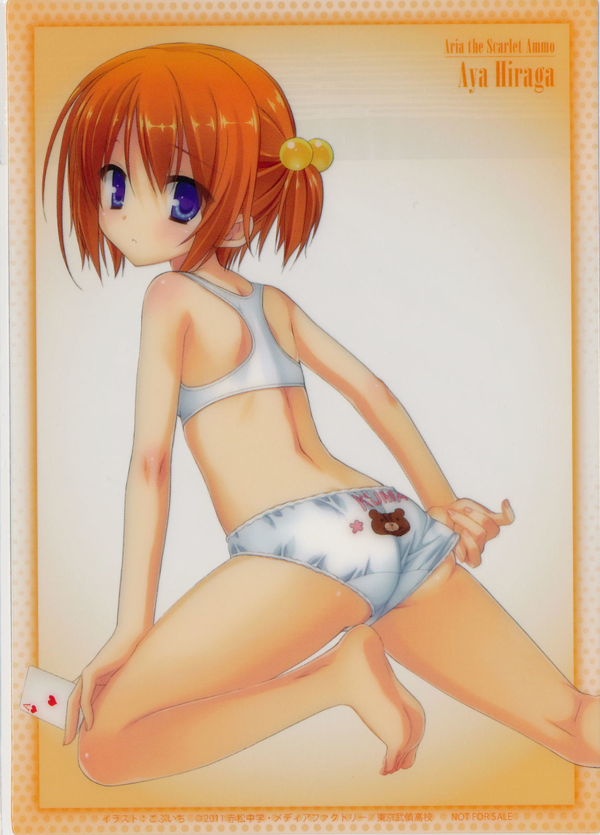 adjusting_panties barefoot blue_eyes bra card_(object) feet hidan_no_aria hiraga_aya kobuichi lingerie looking_at_viewer official_art orange_hair panties print_panties scan short_hair side_ponytail soles solo sports_bra text underwear