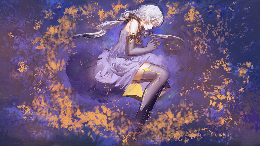 bangs blackrabbitsoul blue_dress blue_gloves blue_hair blue_legwear dress fetal_position fingerless_gloves from_above gloves hair_ribbon half-closed_eyes highres long_hair lying on_side parted_lips partially_submerged profile reflection ribbon silver_hair sleeveless solo star star_(sky) thighhighs twintails very_long_hair vocaloid wallpaper water xingchen yellow_eyes