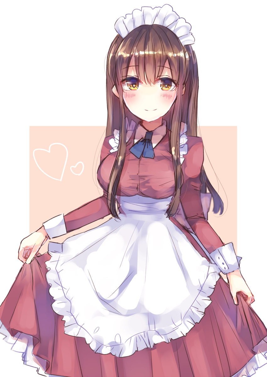 akagi_(kantai_collection) alternate_costume apron blue_ribbon breasts brown_eyes brown_hair dress enmaided eyebrows eyebrows_visible_through_hair heart highres kantai_collection large_breasts long_hair long_sleeves looking_at_viewer maid maid_headdress mochiko_(mocchikkoo) orange_background red_dress ribbon simple_background skirt_hold solo tareme waist_apron white_apron