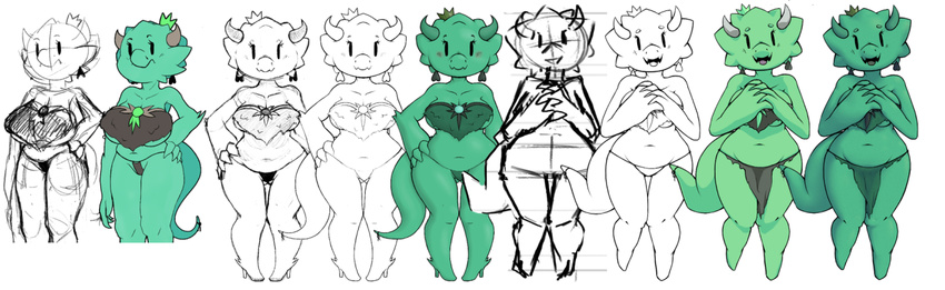 allyofjustice beady_eyes breasts cleavage clothed clothing colored crown female green_scales hands_on_hips horn kobold kobold_princess loincloth open_mouth princess royalty scales scalie sketch smile solo towergirls unyin