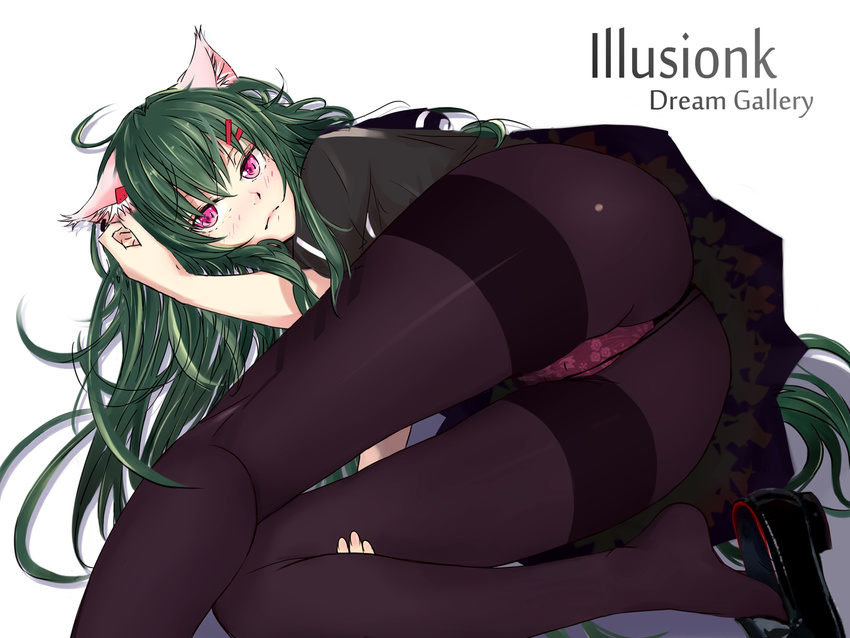 animal_ears ass blush green_hair illusionk long_hair original panties pantyhose pink_eyes underwear