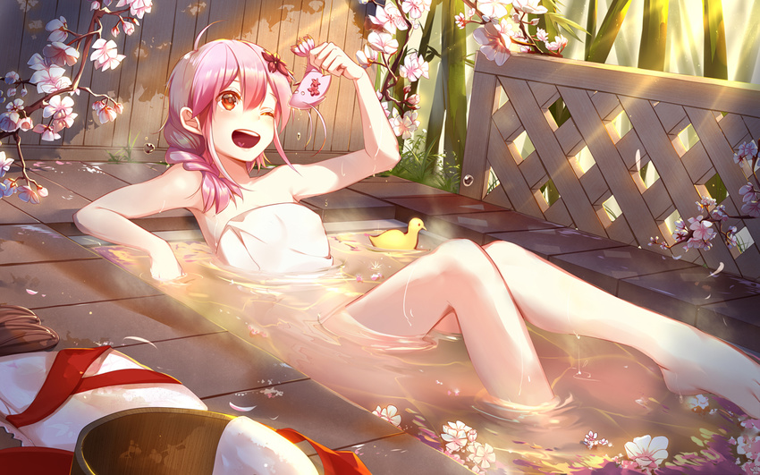 ;d ahoge animal arm_up bamboo bathing bathtub blush cherry_blossoms clothes_removed fish hair_between_eyes heart heart_in_mouth holding legs_up light_rays naked_towel one_eye_closed open_mouth partially_submerged phino pink_hair plant railing red_eyes round_teeth rubber_duck sandals sergestid_shrimp_in_tungkang short_hair smile solo teeth towel water xuan_ying