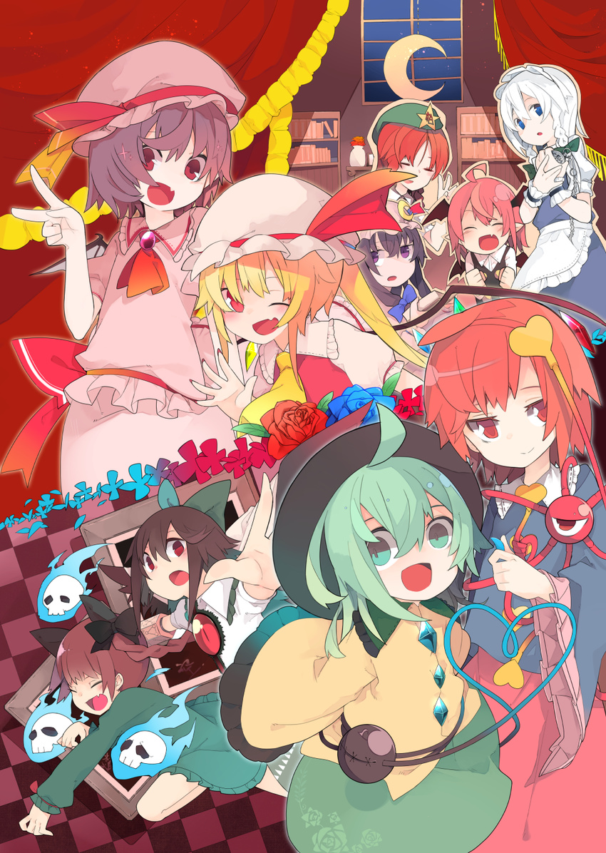 aki_maki_yuu animal_ears apron arm_cannon ascot bat_wings blonde_hair blue_eyes blush braid brown_hair cat_ears checkered closed_eyes crescent crystal curtains dress eyeball fang flandre_scarlet flower green_dress green_eyes green_hair hair_ribbon hairband hat hat_ribbon head_wings heart heart_of_string highres hong_meiling izayoi_sakuya kaenbyou_rin koakuma komeiji_koishi komeiji_satori long_hair long_sleeves looking_at_another looking_at_viewer mob_cap multiple_girls one_eye_closed open_mouth outstretched_arms patchouli_knowledge pointy_ears puffy_sleeves purple_eyes purple_hair red_eyes red_hair reiuji_utsuho remilia_scarlet ribbon rose shirt short_hair short_sleeves siblings side_ponytail sisters skirt skirt_set skull smile star string third_eye touhou twin_braids v vest waist_apron weapon white_hair wide_sleeves window wings wrist_cuffs