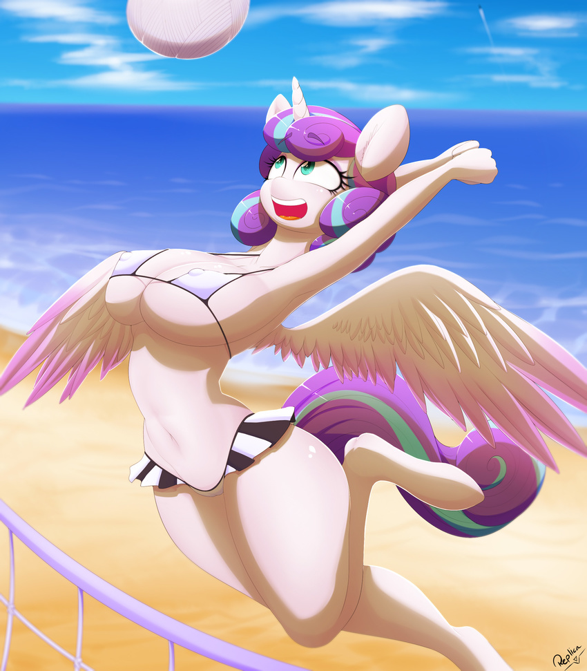 2016 anthro beach big_breasts bikini breasts cleavage clothed clothing equine erect_nipples female flurry_heart_(mlp) friendship_is_magic horn huge_breasts mammal my_little_pony nipple_bulge nipples replica_(artist) seaside side_boob skimpy solo swimsuit under_boob winged_unicorn wings