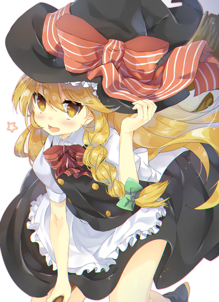 absurdres apron blonde_hair blush bow braid broom broom_riding brown_eyes chromatic_aberration g-buri hair_bow hat hat_ribbon highres kirisame_marisa light_particles long_hair looking_at_viewer open_mouth puffy_sleeves ribbon shirt short_sleeves side_braid simple_background single_braid skirt skirt_set smile solo star touhou vest waist_apron white_background witch_hat